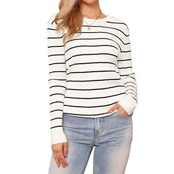 Casual Sweater for Women's Striped Round Neck Ribbed Work Fall Winter Trendy Sweaters