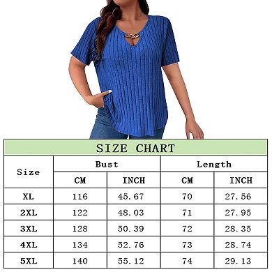 Womens Plus Size Ribbed Blouse Summer Solid Tunic Short Sleeve V Neck Casual Tops