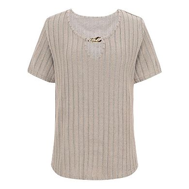 Womens Plus Size Ribbed Blouse Summer Solid Tunic Short Sleeve V Neck Casual Tops