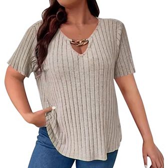 Womens Plus Size Ribbed Blouse Summer Solid Tunic Short Sleeve V Neck Casual Tops