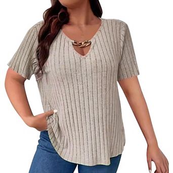 Womens Plus Size Ribbed Blouse Summer Solid Tunic Short Sleeve V Neck Casual Tops