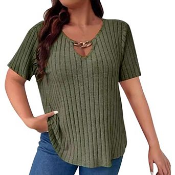 Womens Plus Size Ribbed Blouse Summer Solid Tunic Short Sleeve V Neck Casual Tops