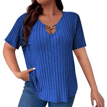 Womens Plus Size Ribbed Blouse Summer Solid Tunic Short Sleeve V Neck Casual Tops