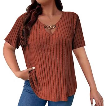 Womens Plus Size Ribbed Blouse Summer Solid Tunic Short Sleeve V Neck Casual Tops