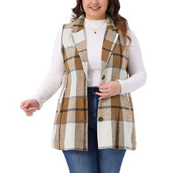 Plus Size Plaid Vest for Curvy Women Notched Lapel Checkered Sleeveless Long Vest Jacket Outerwear
