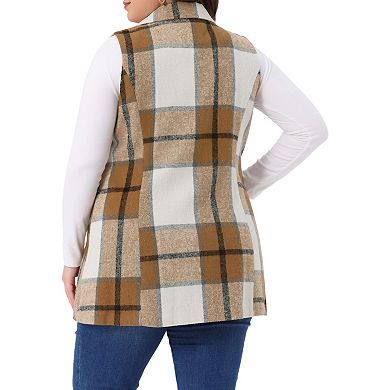 Plus Size Plaid Vest for Curvy Women Notched Lapel Checkered Sleeveless Long Vest Jacket Outerwear