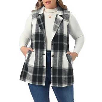Plus Size Plaid Vest for Curvy Women Notched Lapel Checkered Sleeveless Long Vest Jacket Outerwear