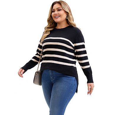Plus Size Women's Fall Sweaters Striped Long Sleeve Crewneck Cozy Knit Trendy Pullover Sweater Tops