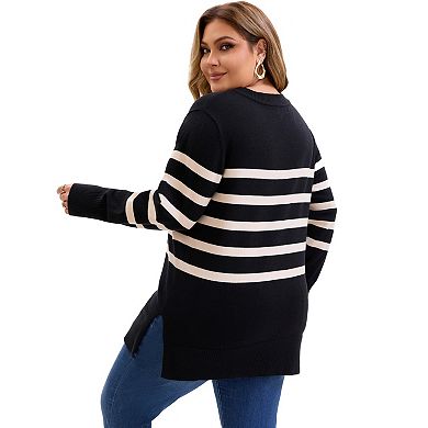 Plus Size Women's Fall Sweaters Striped Long Sleeve Crewneck Cozy Knit Trendy Pullover Sweater Tops
