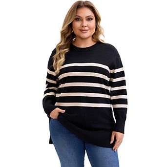 Plus Size Women's Fall Sweaters Striped Long Sleeve Crewneck Cozy Knit Trendy Pullover Sweater Tops