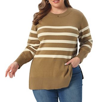 Plus Size Women's Fall Sweaters Striped Long Sleeve Crewneck Cozy Knit Trendy Pullover Sweater Tops