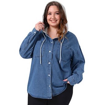 Plus Size Women's Denim Shacket Jacket Long Sleeve Color Block Hooded Jeans Shirt Jacket with Pocket