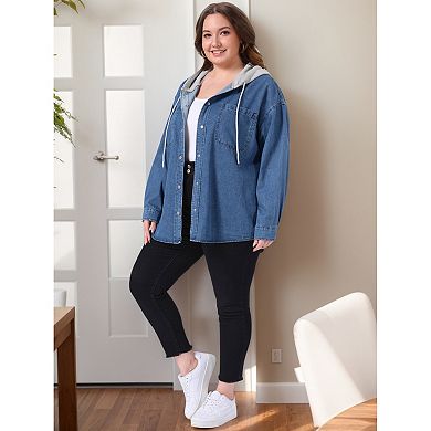 Plus Size Women's Denim Shacket Jacket Long Sleeve Color Block Hooded Jeans Shirt Jacket with Pocket