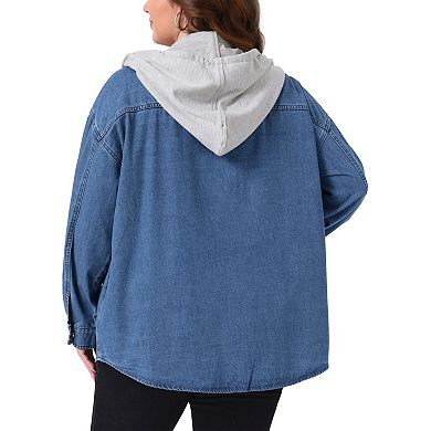 Plus Size Women's Denim Shacket Jacket Long Sleeve Color Block Hooded Jeans Shirt Jacket with Pocket