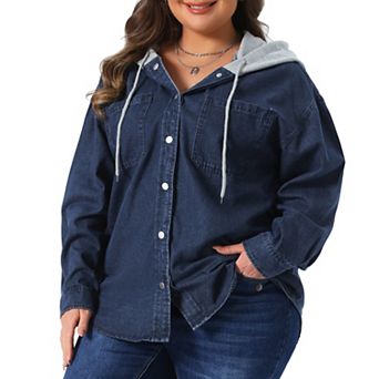 Plus Size Women's Denim Shacket Jacket Long Sleeve Color Block Hooded Jeans Shirt Jacket with Pocket