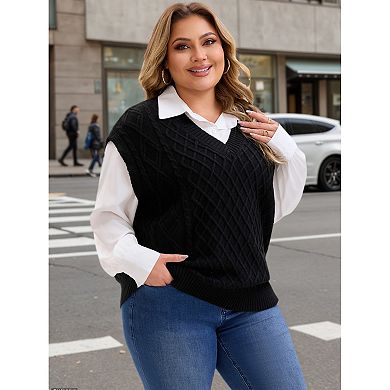 Plus Size Sweater Vest for Women V Neck Sleeveless Knit Solid Ribbed Pullover Sweaters Tops
