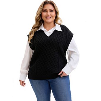 Plus Size Sweater Vest for Women V Neck Sleeveless Knit Solid Ribbed Pullover Sweaters Tops