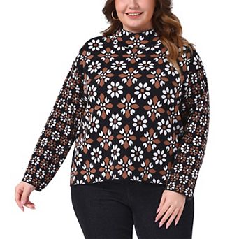 Women's Plus Size Floral Print Long Sleeve Sweaters Cozy Knit Mock Neck Pullover Fall Sweater Top