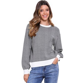 Striped Sweater for Women's Crew Neck Contrast Long Bishop Sleeve Oversized Pullover Tops