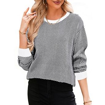 Striped Sweater for Women's Crew Neck Contrast Long Bishop Sleeve Oversized Pullover Tops