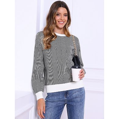 Striped Sweater for Women's Crew Neck Contrast Long Bishop Sleeve Oversized Pullover Tops