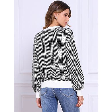 Striped Sweater for Women's Crew Neck Contrast Long Bishop Sleeve Oversized Pullover Tops