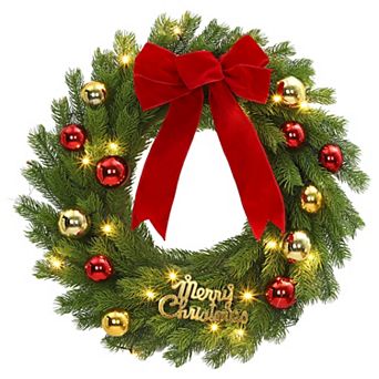 24" Pre-Lit Christmas Wreath with 20 LED Lights & Red Bow