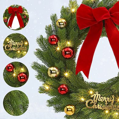 24" Pre-Lit Christmas Wreath with 20 LED Lights & Red Bow