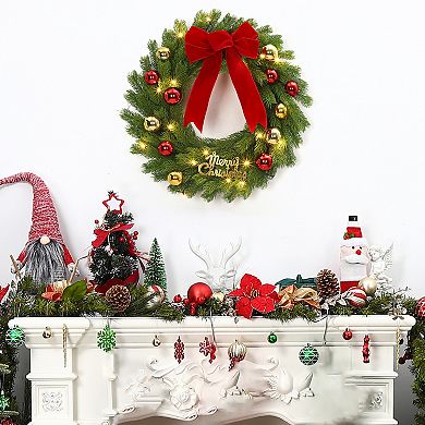 24" Pre-Lit Christmas Wreath with 20 LED Lights & Red Bow