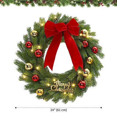 24" Pre-Lit Christmas Wreath with 20 LED Lights & Red Bow