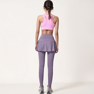 Women's High Waist Leggings with Attached Flowy Skirt Overlay for Active and Casual Wear