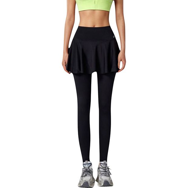 Women's High Waist Leggings with Attached Flowy Skirt Overlay for