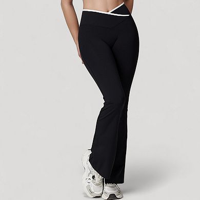 Women's Flare Leg Yoga Pants with Crossover High Waistband and Four-Way Stretch Fabric