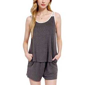 Women's Ribbed Lounge Set with Contrast Trim Sleeveless Top and Elastic Waist Shorts