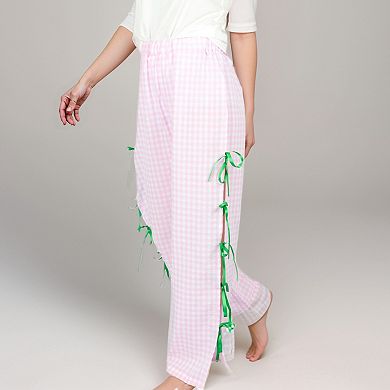 Women's Gingham Wide Leg Pants with Elastic Waistband Contrast Side Ribbon Tie Details