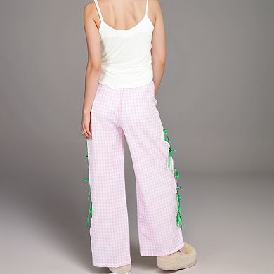 Women's Gingham Wide Leg Pants with Elastic Waistband Contrast Side Ribbon Tie Details