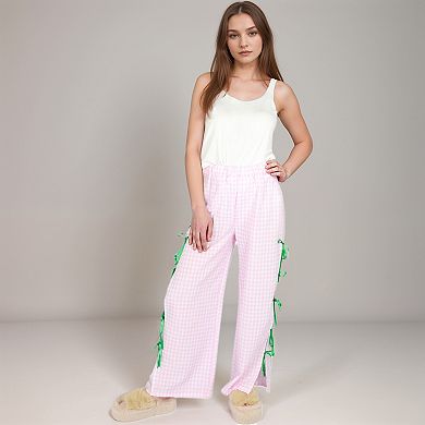 Women's Gingham Wide Leg Pants with Elastic Waistband Contrast Side Ribbon Tie Details