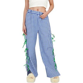 Women's Gingham Wide Leg Pants with Elastic Waistband Contrast Side Ribbon Tie Details