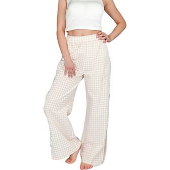 Women's Gingham Wide Leg Pants with Elastic Waistband Contrast Side Ribbon Tie Details