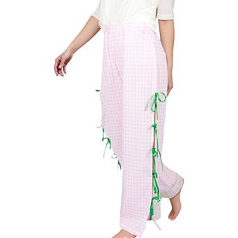 Women's Gingham Wide Leg Pants with Elastic Waistband Contrast Side Ribbon Tie Details