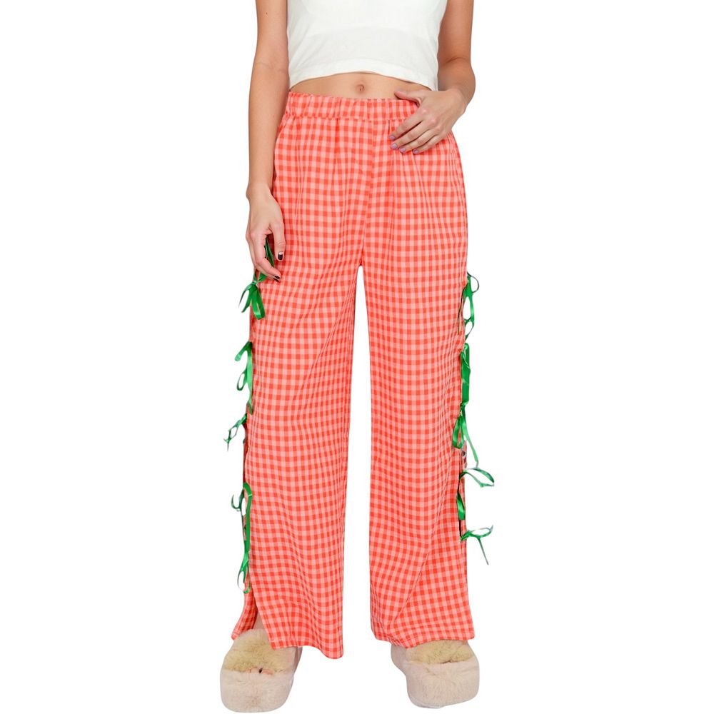 Women's Gingham Wide Leg Pants with Elastic Waistband Contrast