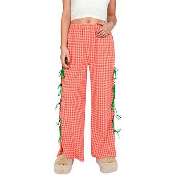 Women's Gingham Wide Leg Pants with Elastic Waistband Contrast Side Ribbon Tie Details