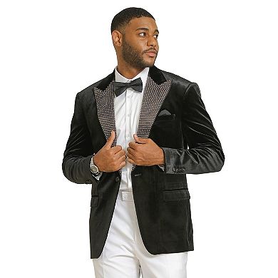 Stacy Adams Men's Velvet Blazer with Rhinestone-Embedded Peak Lapel