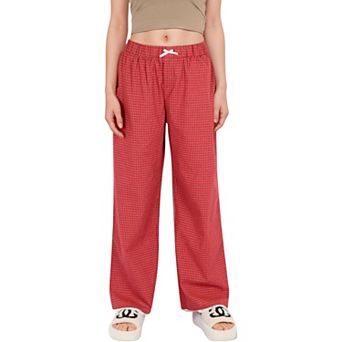 Women's Red Checkered Lounge Pants with Elastic Waistband White Bow Tie Detail
