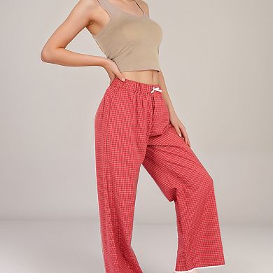 Women's Red Checkered Lounge Pants with Elastic Waistband White Bow Tie Detail