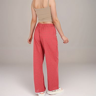 Women's Red Checkered Lounge Pants with Elastic Waistband White Bow Tie Detail