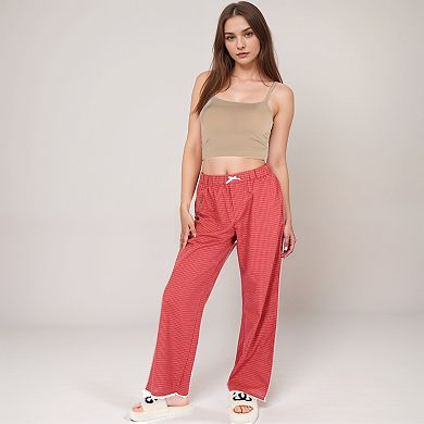 Women's Red Checkered Lounge Pants with Elastic Waistband White Bow Tie Detail