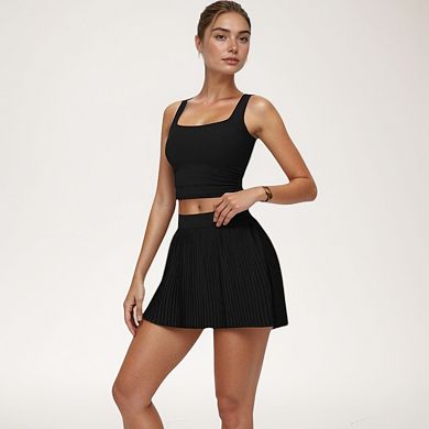 Women's High Waist Pleated Skirt with Built-In Shorts and Stretch Waistband