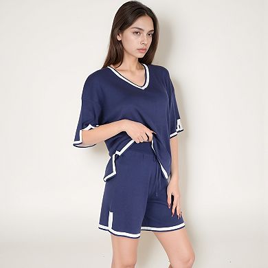 Women's Knit Lounge Set with V-Neck Top and Drawstring Shorts Featuring Contrast Trim