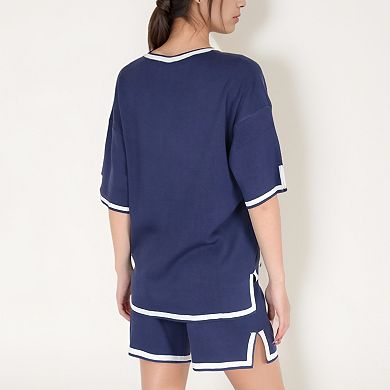 Women's Knit Lounge Set with V-Neck Top and Drawstring Shorts Featuring Contrast Trim